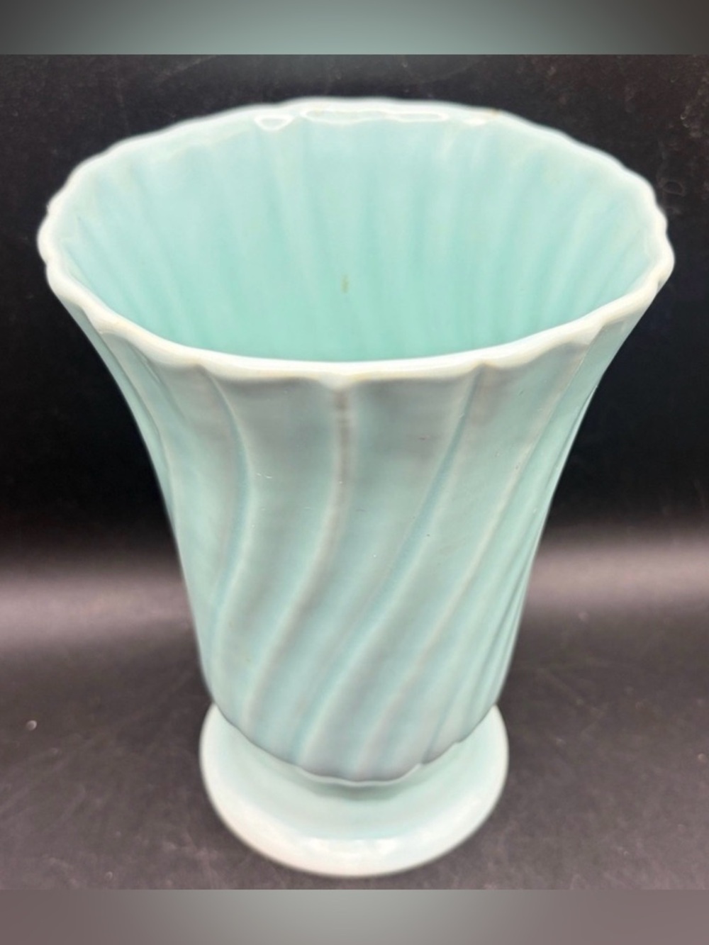 Gladding McBean USA Vintage Aqua Green Turquoise Tone Swirl Art Deco Vase Vessel